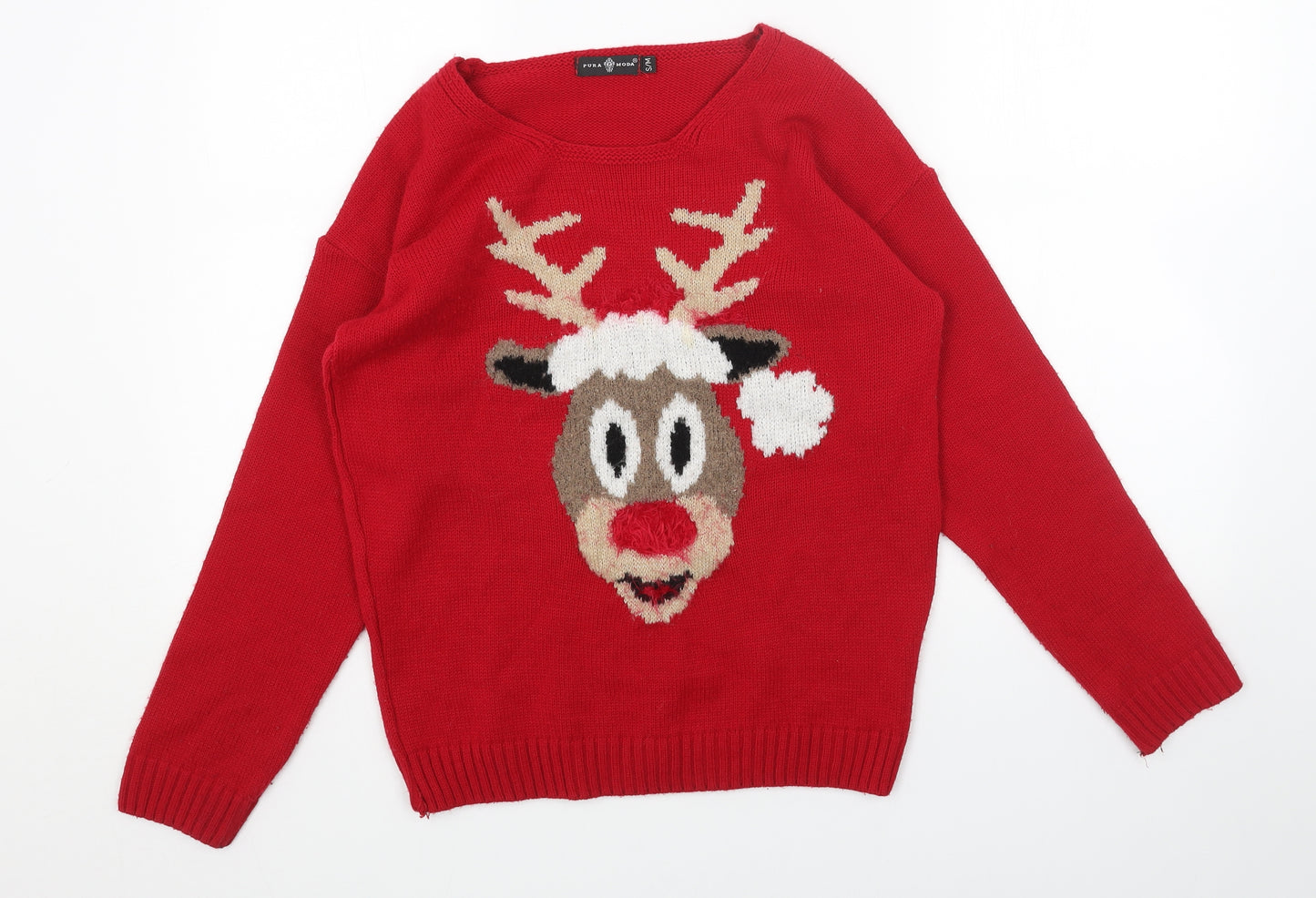 Pura Moda Womens Red Boat Neck Acrylic Pullover Jumper Size S - Reindeer