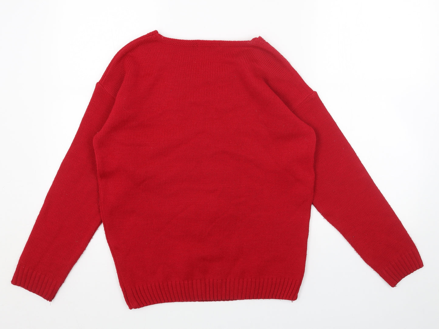 Pura Moda Womens Red Boat Neck Acrylic Pullover Jumper Size S - Reindeer