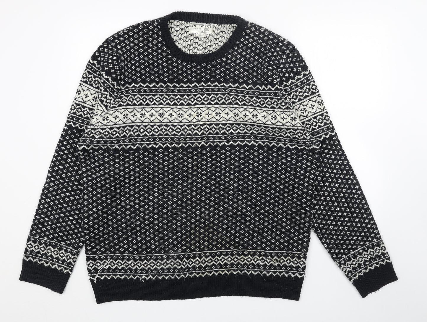 NEXT Mens Black Round Neck Fair Isle Acrylic Pullover Jumper Size XL Long Sleeve