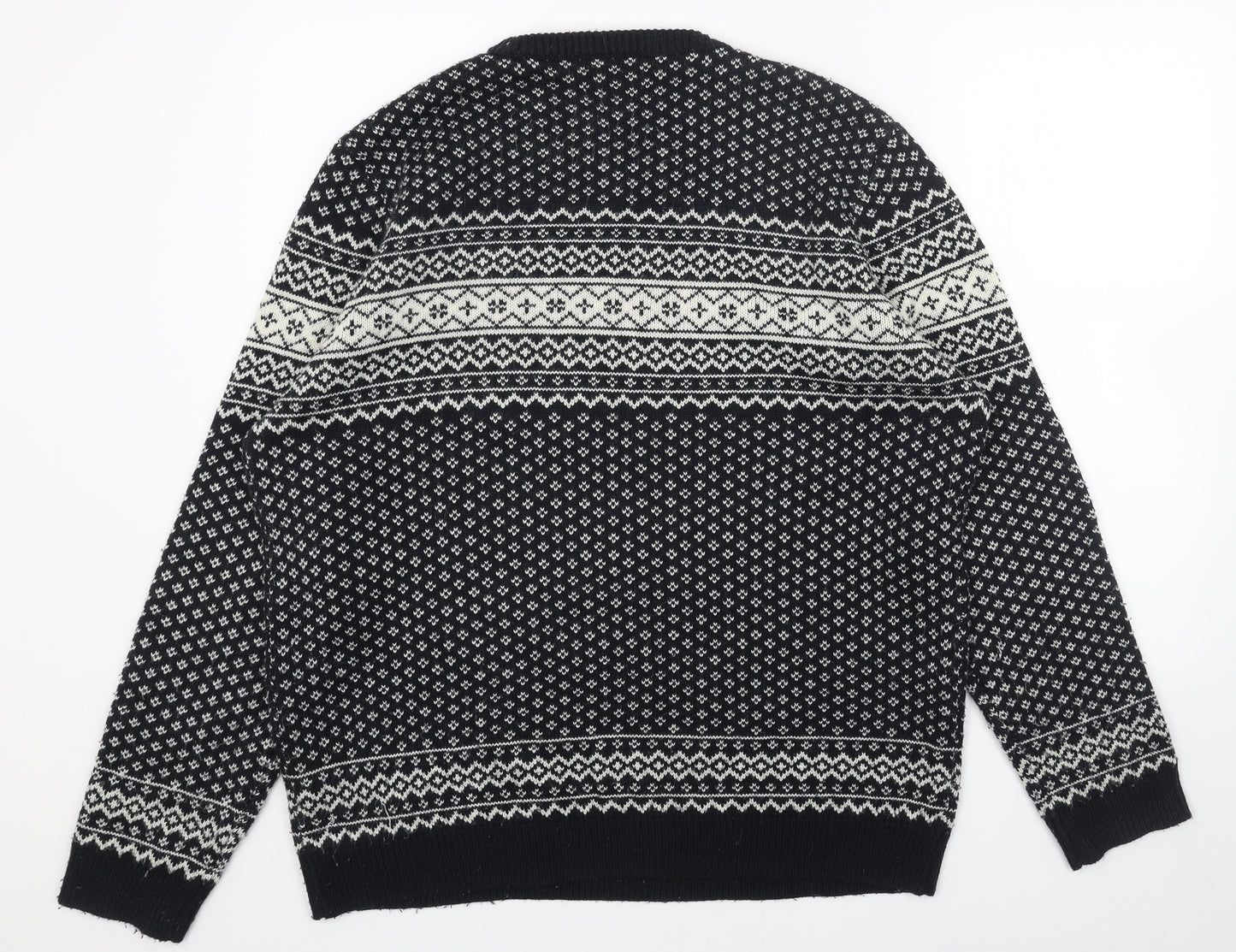NEXT Mens Black Round Neck Fair Isle Acrylic Pullover Jumper Size XL Long Sleeve