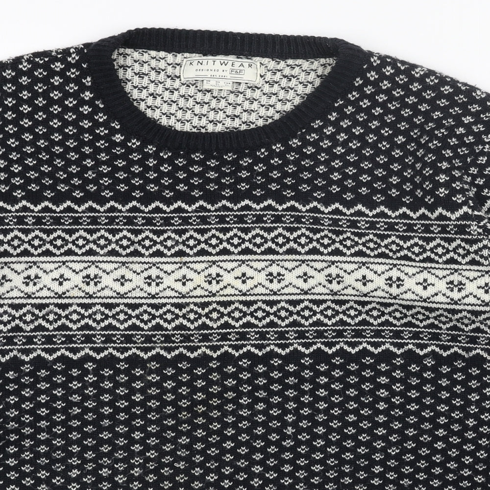NEXT Mens Black Round Neck Fair Isle Acrylic Pullover Jumper Size XL Long Sleeve