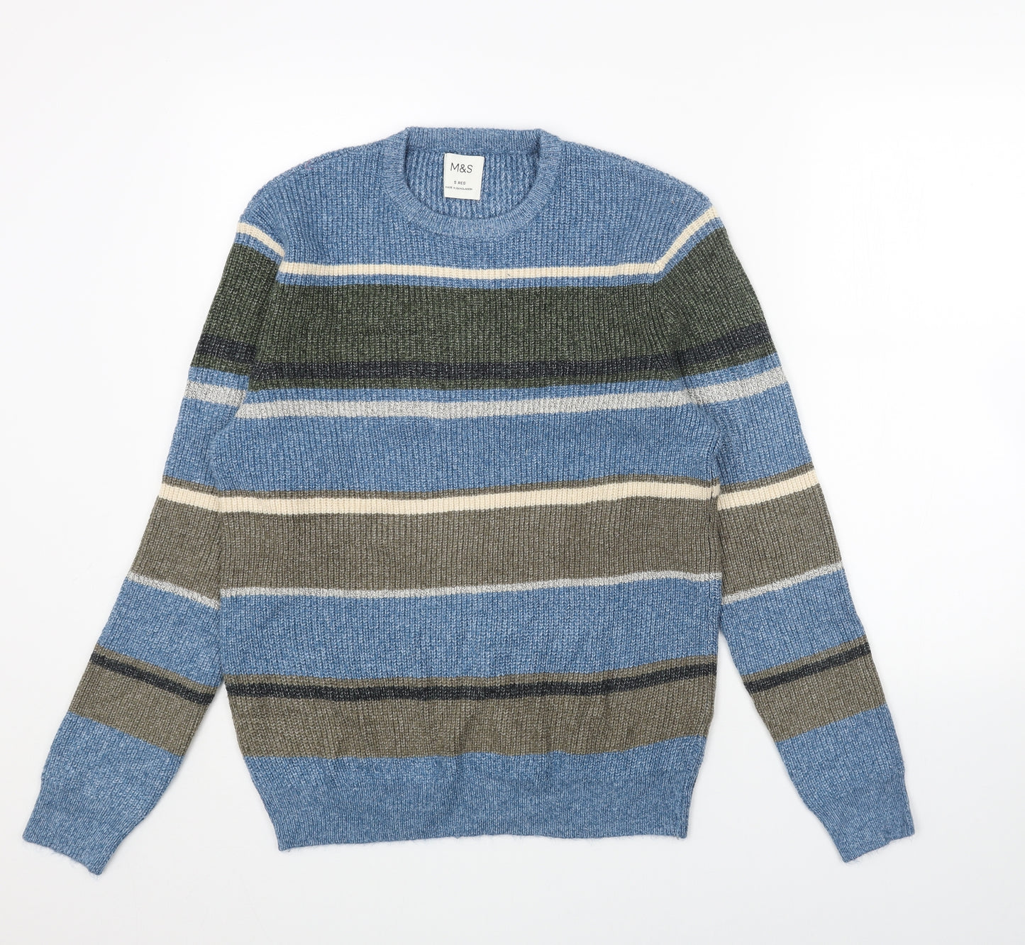 Marks and Spencer Womens Blue Round Neck Striped Acrylic Pullover Jumper Size S