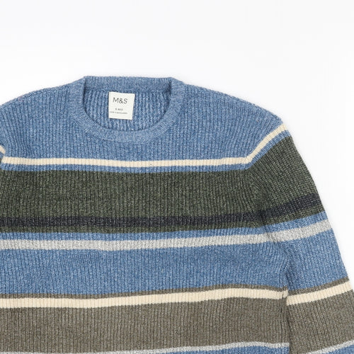 Marks and Spencer Womens Blue Round Neck Striped Acrylic Pullover Jumper Size S