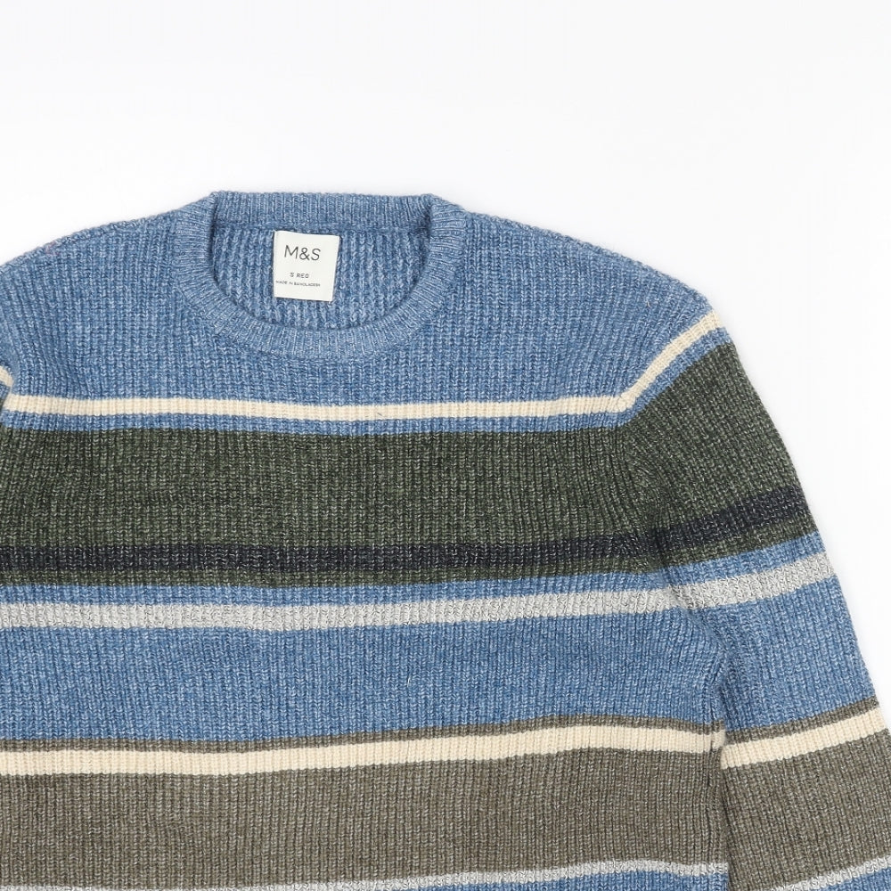 Marks and Spencer Womens Blue Round Neck Striped Acrylic Pullover Jumper Size S