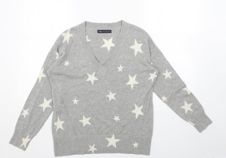 Marks and Spencer Womens Grey V-Neck Geometric Acrylic Pullover Jumper Size S - Star Print
