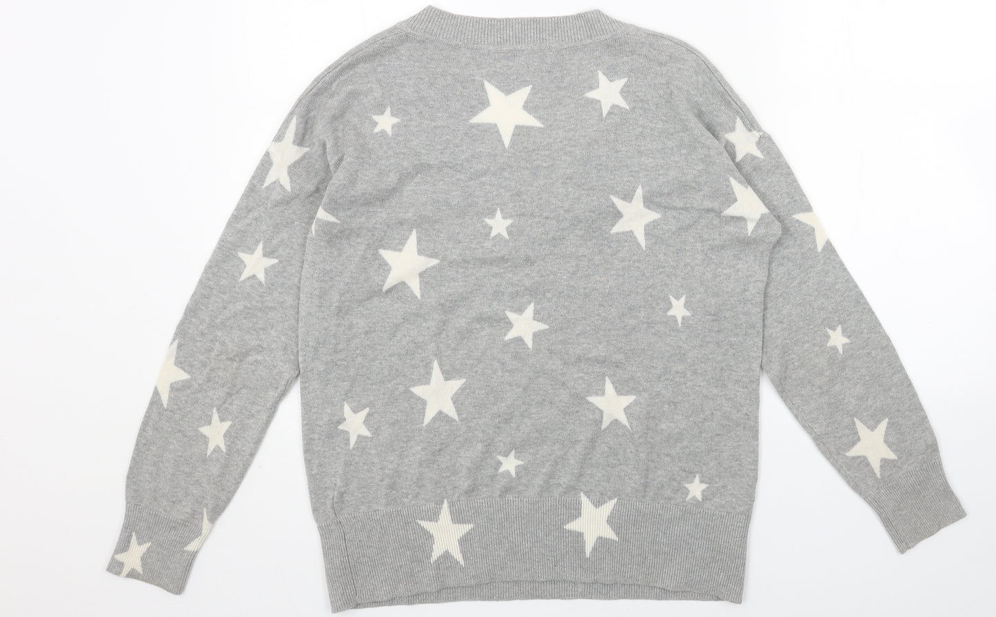 Marks and Spencer Womens Grey V-Neck Geometric Acrylic Pullover Jumper Size S - Star Print