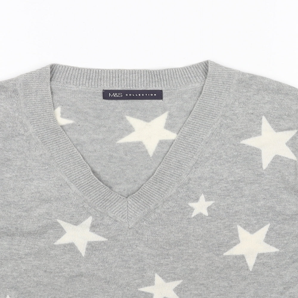 Marks and Spencer Womens Grey V-Neck Geometric Acrylic Pullover Jumper Size S - Star Print