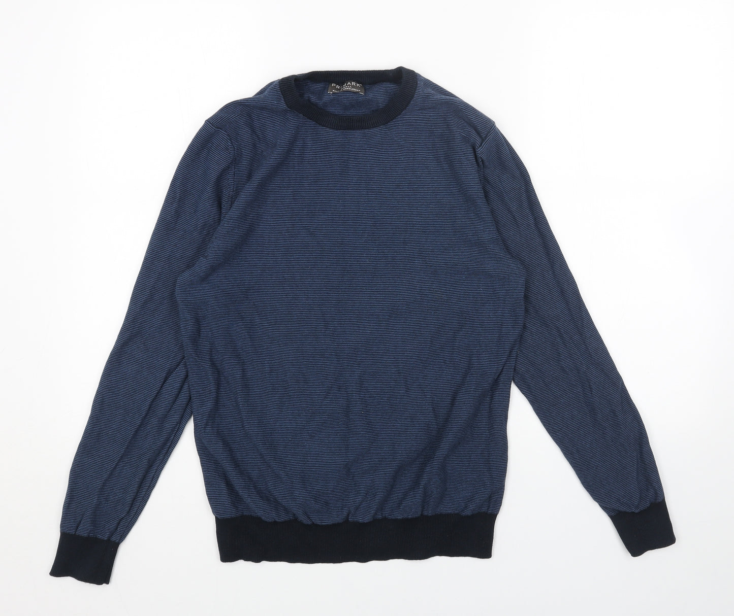 Primark Mens Blue Round Neck Striped Acrylic Pullover Jumper Size L Long Sleeve