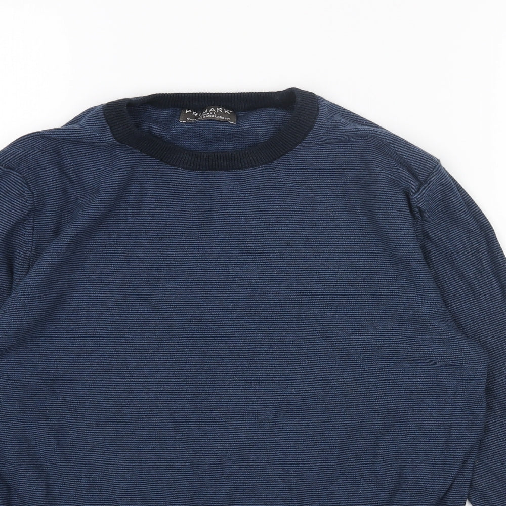 Primark Mens Blue Round Neck Striped Acrylic Pullover Jumper Size L Long Sleeve