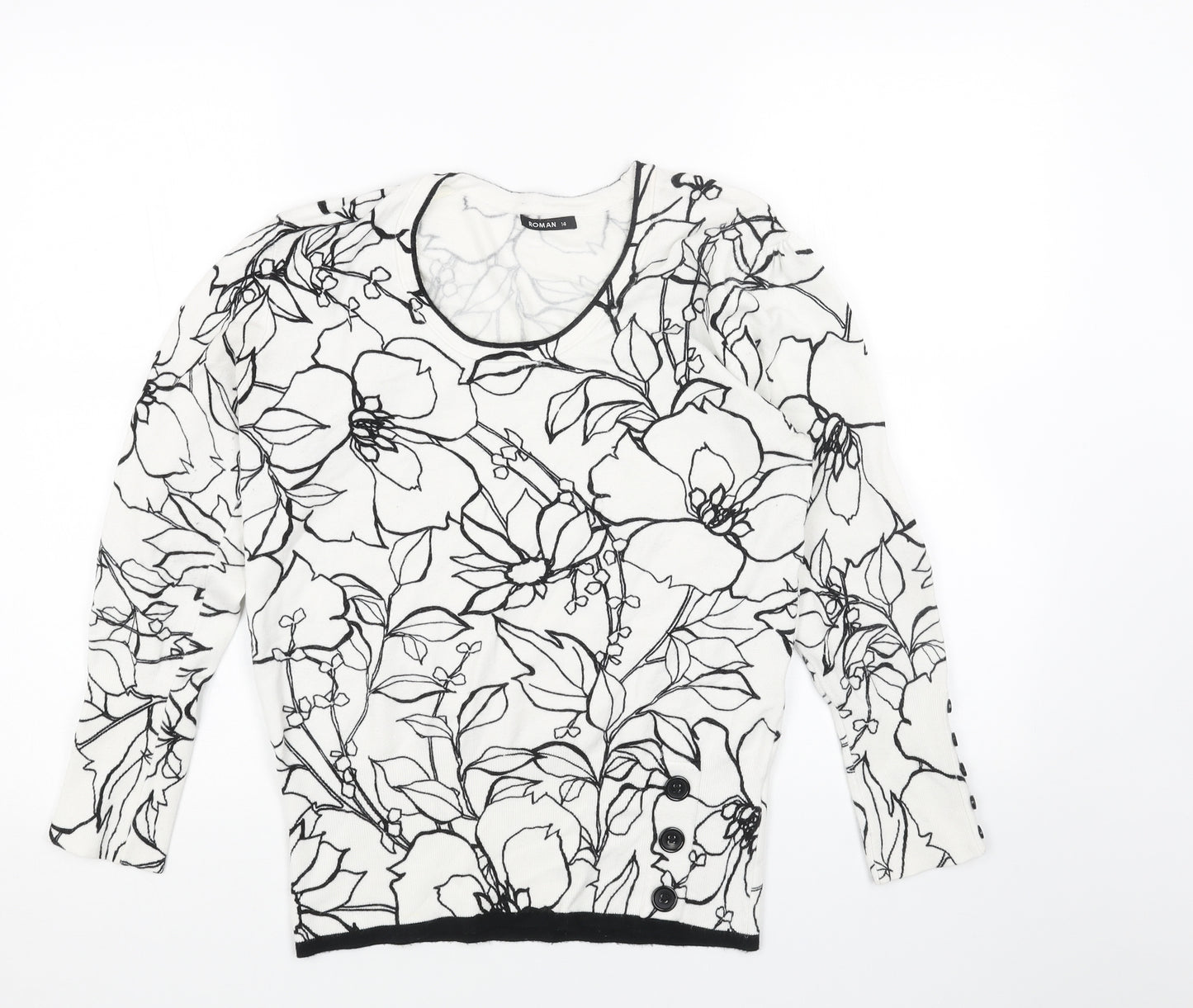Roman Womens White Scoop Neck Floral Viscose Pullover Jumper Size 14
