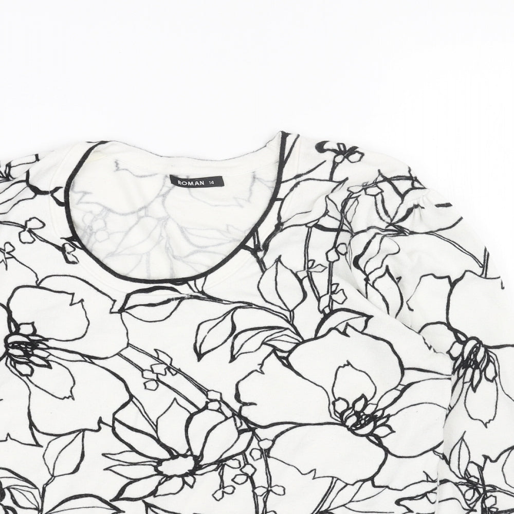 Roman Womens White Scoop Neck Floral Viscose Pullover Jumper Size 14