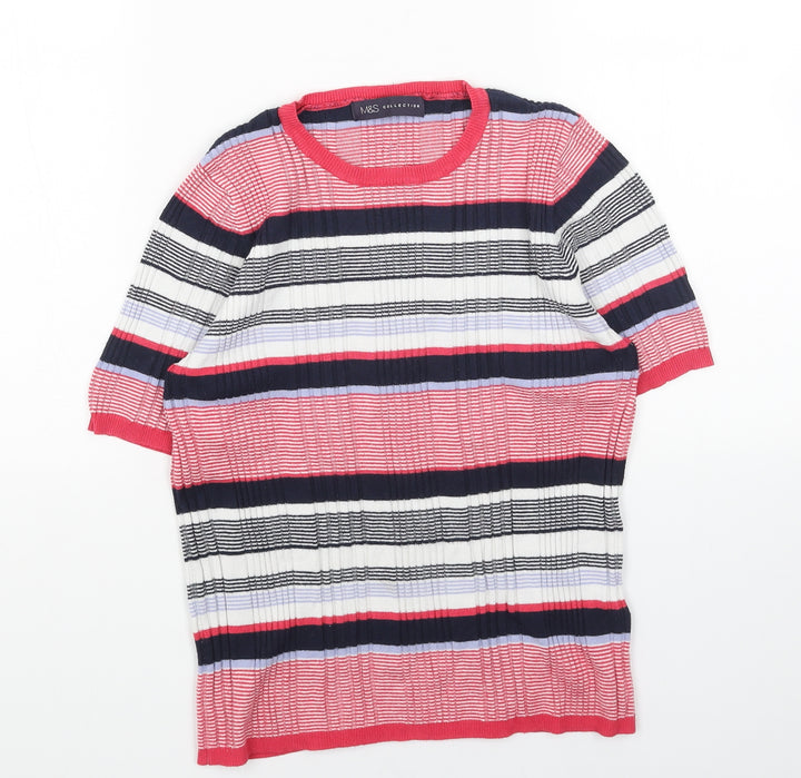 Marks and Spencer Womens Pink Round Neck Striped Acrylic Pullover Jumper Size 12