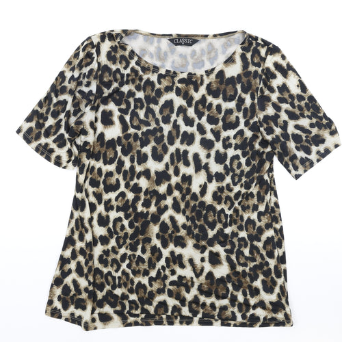 Classic Womens Brown Animal Print Polyester Basic T-Shirt Size 12 Round Neck - Leopard Print