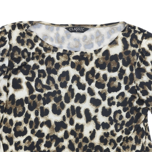 Classic Womens Brown Animal Print Polyester Basic T-Shirt Size 12 Round Neck - Leopard Print