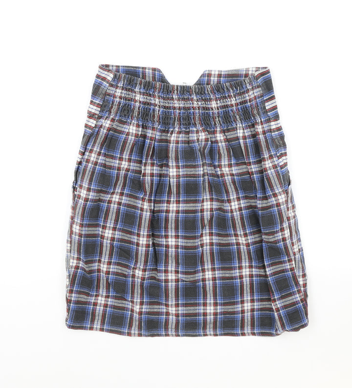 Preworn Womens Blue Plaid Cotton Pleated Skirt Size S Zip