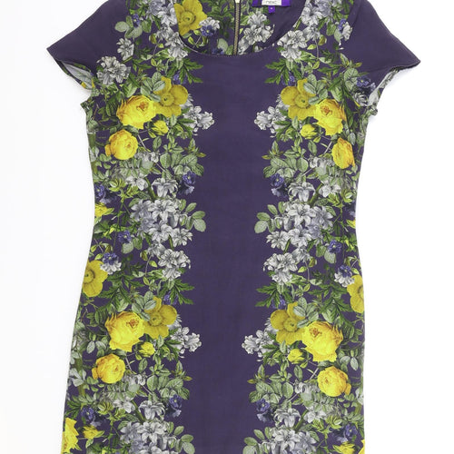 NEXT Womens Blue Floral Polyester A-Line Size 8 Scoop Neck Zip