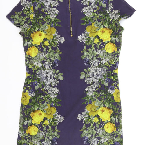 NEXT Womens Blue Floral Polyester A-Line Size 8 Scoop Neck Zip