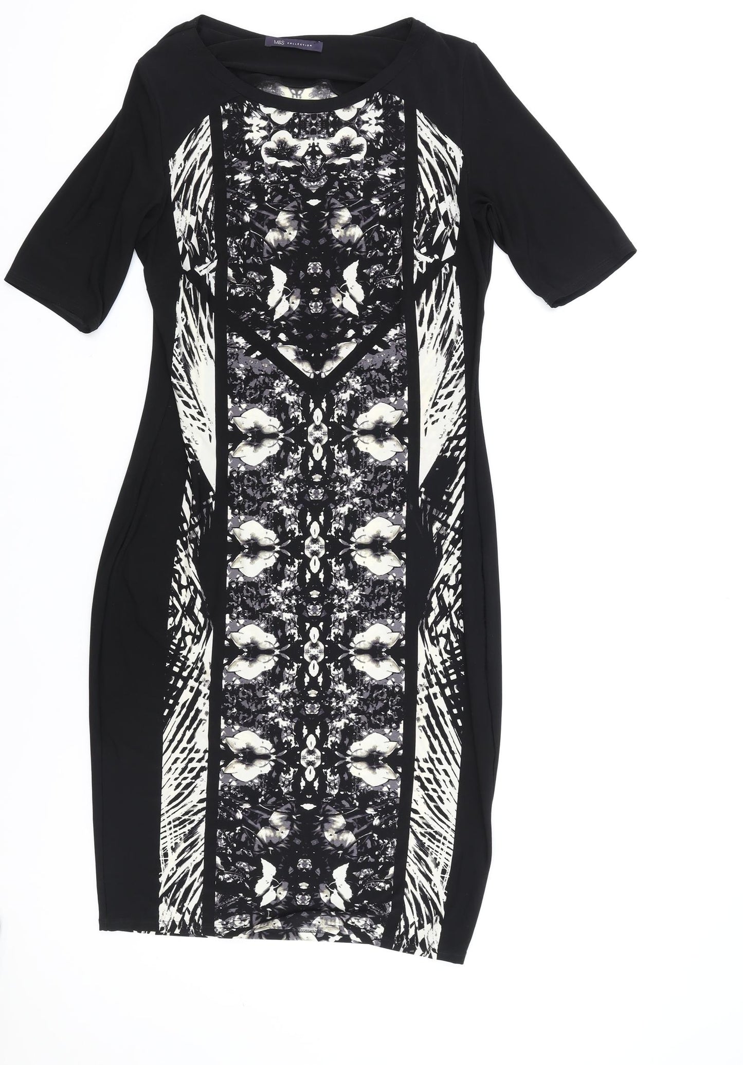 NEXT Womens Black Geometric Polyester A-Line Size 12 Round Neck Pullover