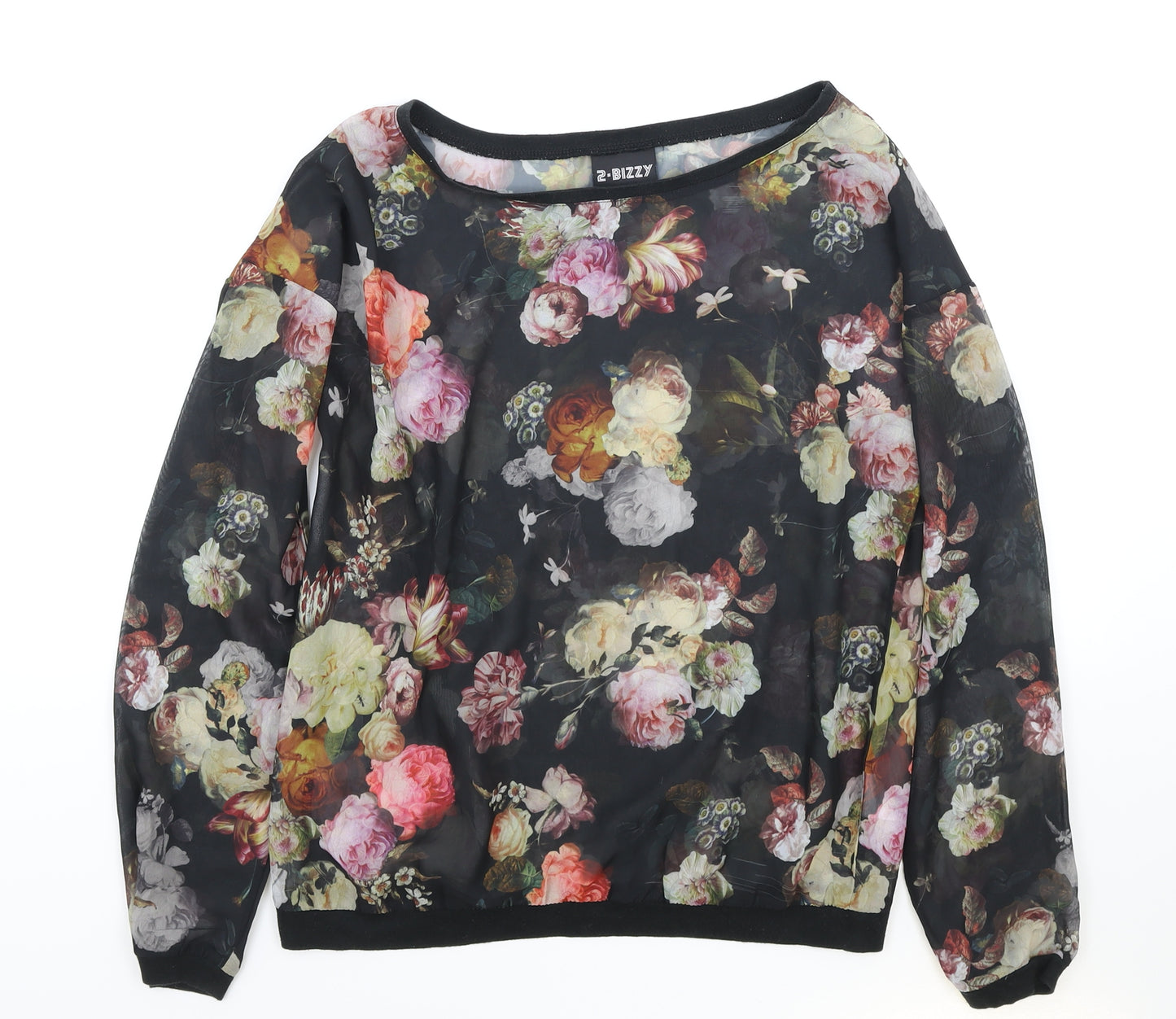 2-Bizzy Womens Black Floral Viscose Basic Blouse Size S Round Neck