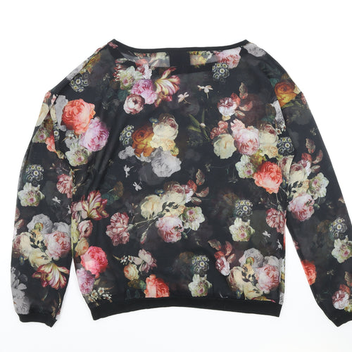 2-Bizzy Womens Black Floral Viscose Basic Blouse Size S Round Neck