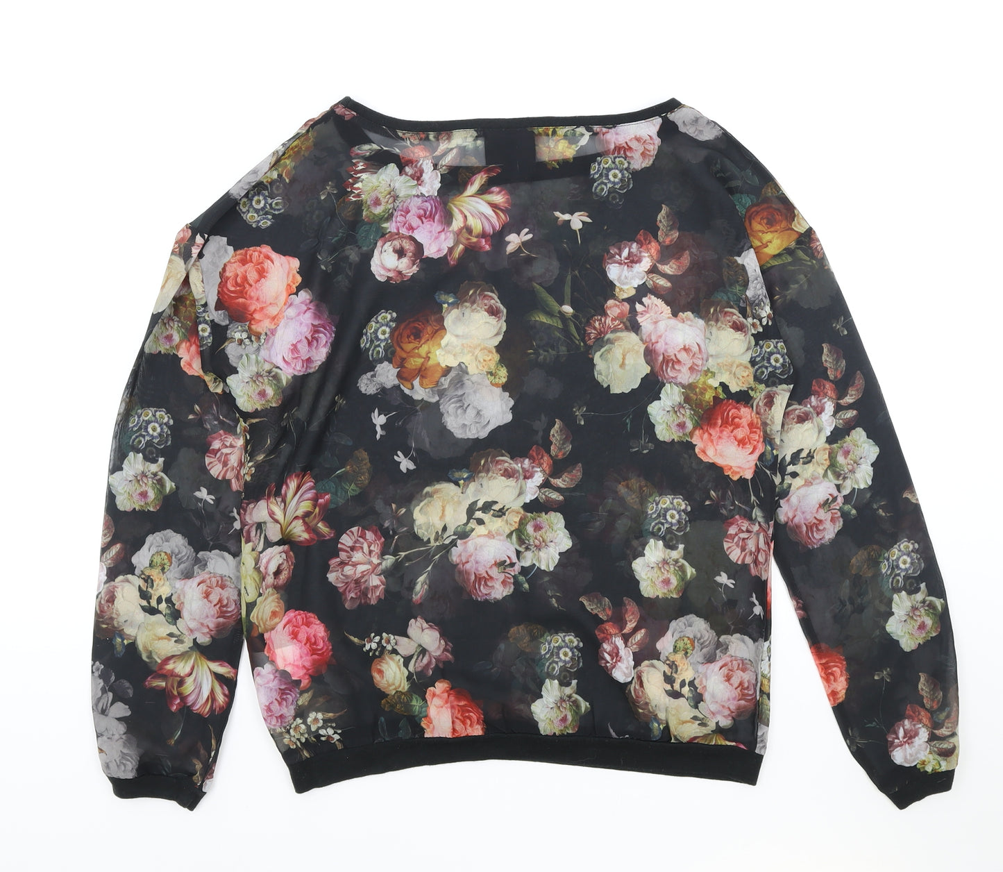 2-Bizzy Womens Black Floral Viscose Basic Blouse Size S Round Neck