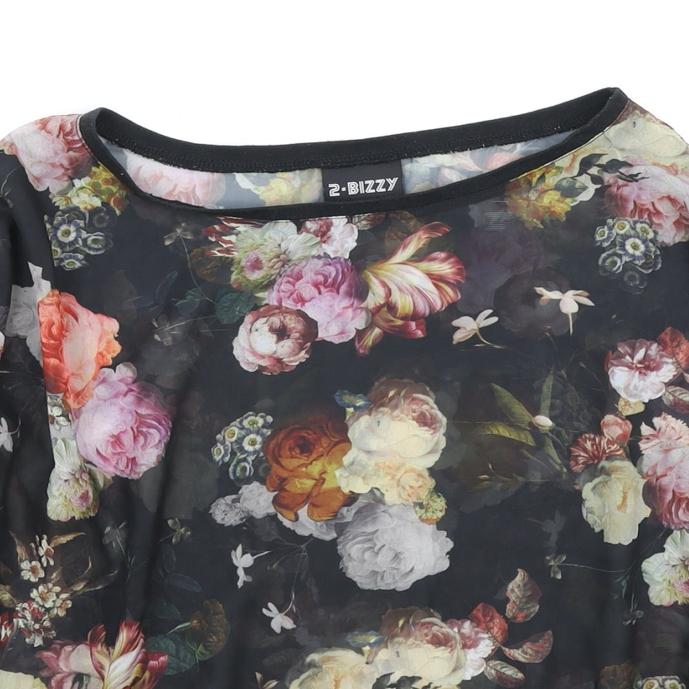 2-Bizzy Womens Black Floral Viscose Basic Blouse Size S Round Neck