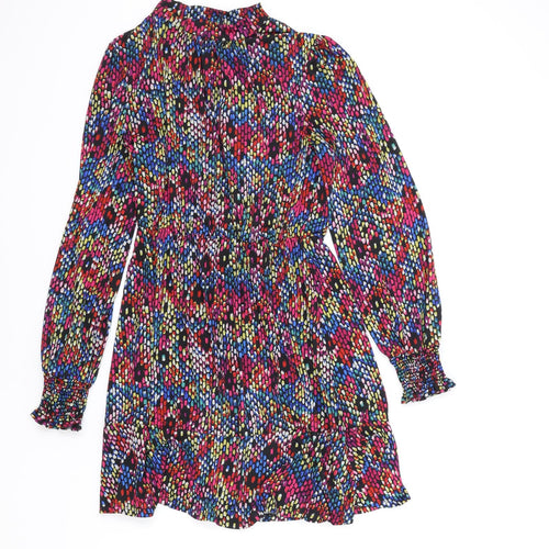Oasis Womens Multicoloured Geometric Polyester Fit & Flare Size S Mock Neck Button