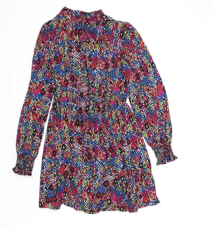 Oasis Womens Multicoloured Geometric Polyester Fit & Flare Size S Mock Neck Button