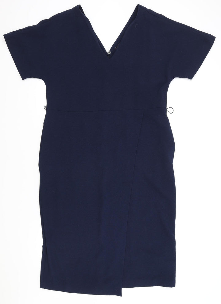 Marks and Spencer Womens Blue Polyester A-Line Size 14 V-Neck Zip