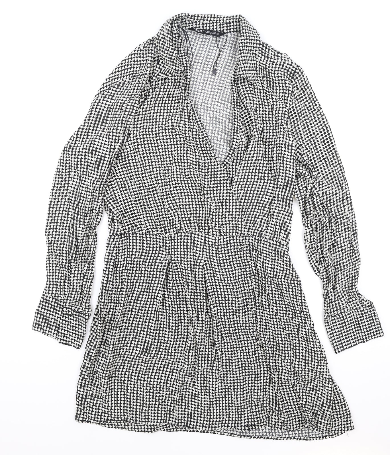 Zara Womens Black Houndstooth Viscose Shirt Dress Size L Collared Pullover