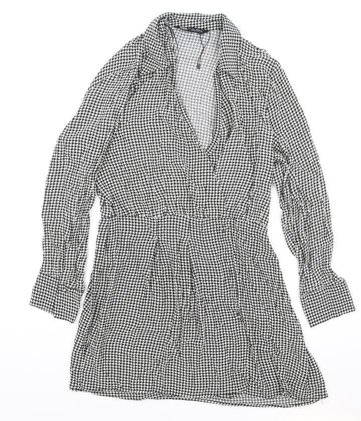 Zara Womens Black Houndstooth Viscose Shirt Dress Size L Collared Pullover