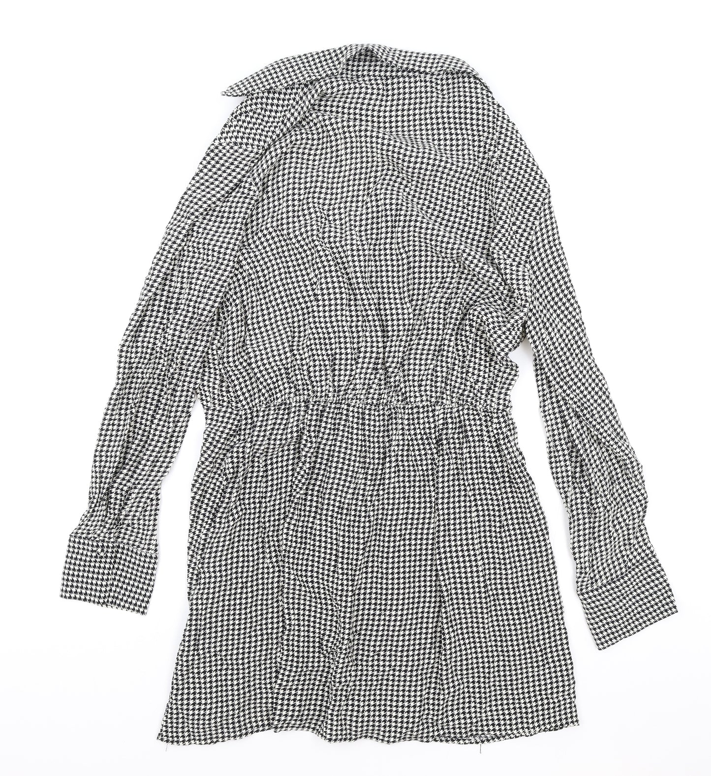 Zara Womens Black Houndstooth Viscose Shirt Dress Size L Collared Pullover