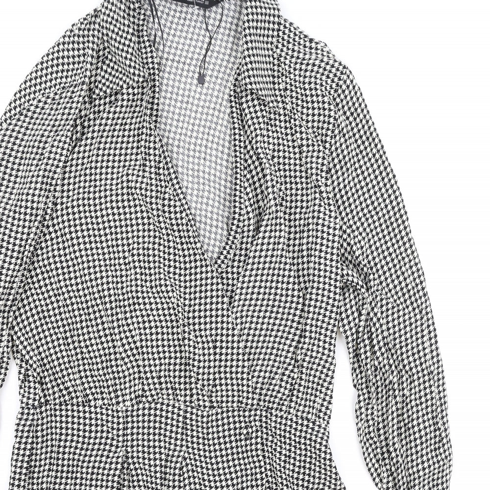 Zara Womens Black Houndstooth Viscose Shirt Dress Size L Collared Pullover