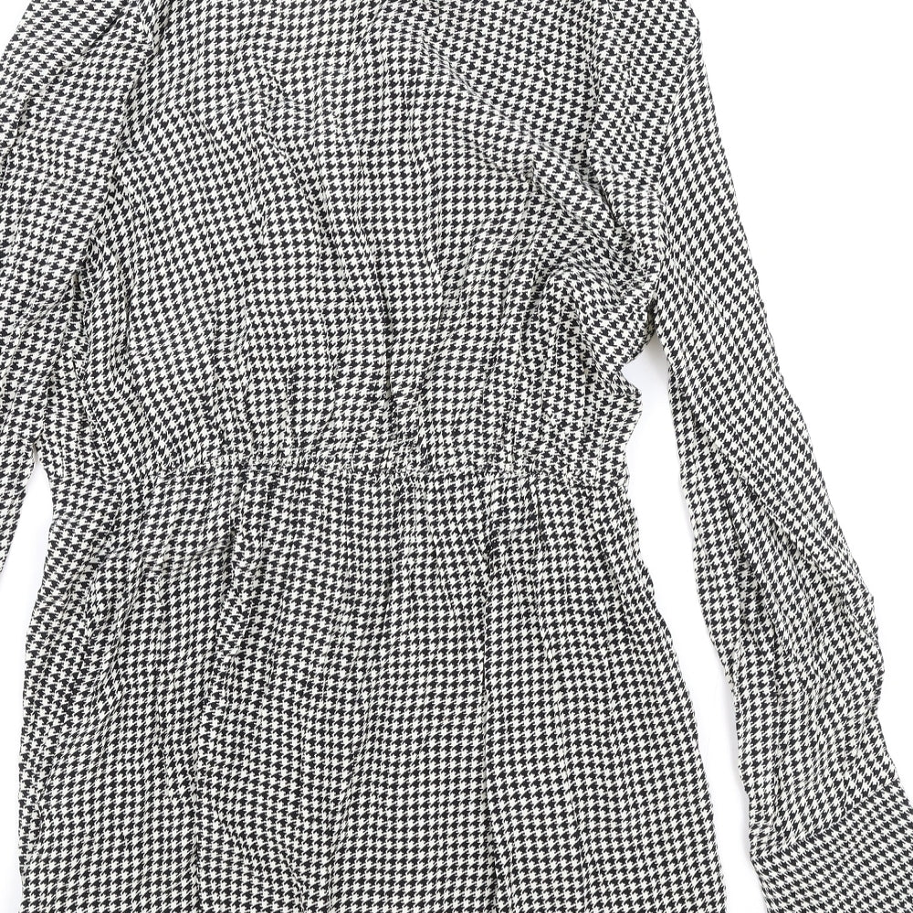 Zara Womens Black Houndstooth Viscose Shirt Dress Size L Collared Pullover