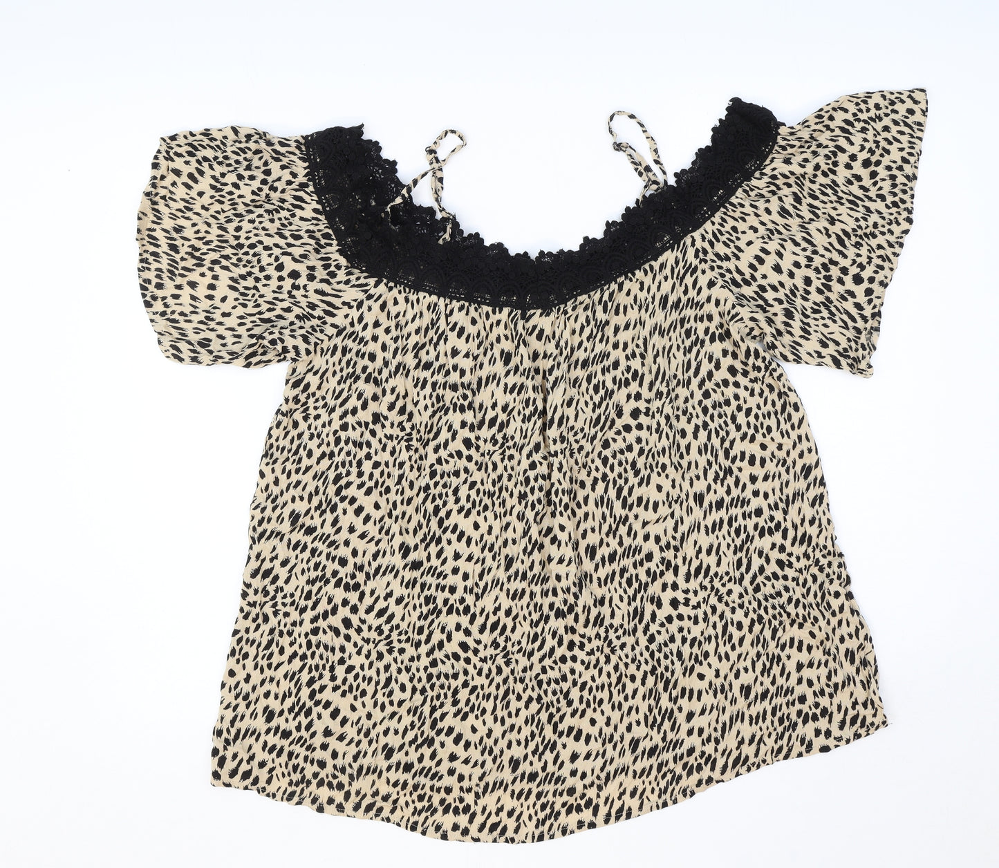 PEP&CO Womens Beige Geometric Viscose Basic Blouse Size 16 Round Neck - Lace Detail