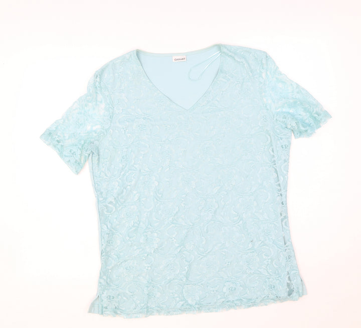 Damart Womens Blue Geometric Polyester Basic T-Shirt Size M V-Neck