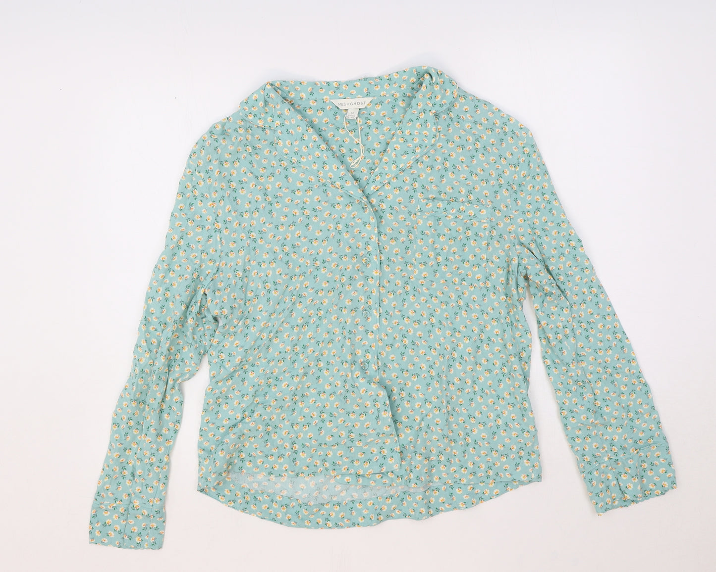 Marks and Spencer Womens Green Floral Cotton Basic Blouse Size 12 V-Neck