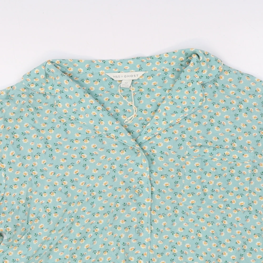 Marks and Spencer Womens Green Floral Cotton Basic Blouse Size 12 V-Neck