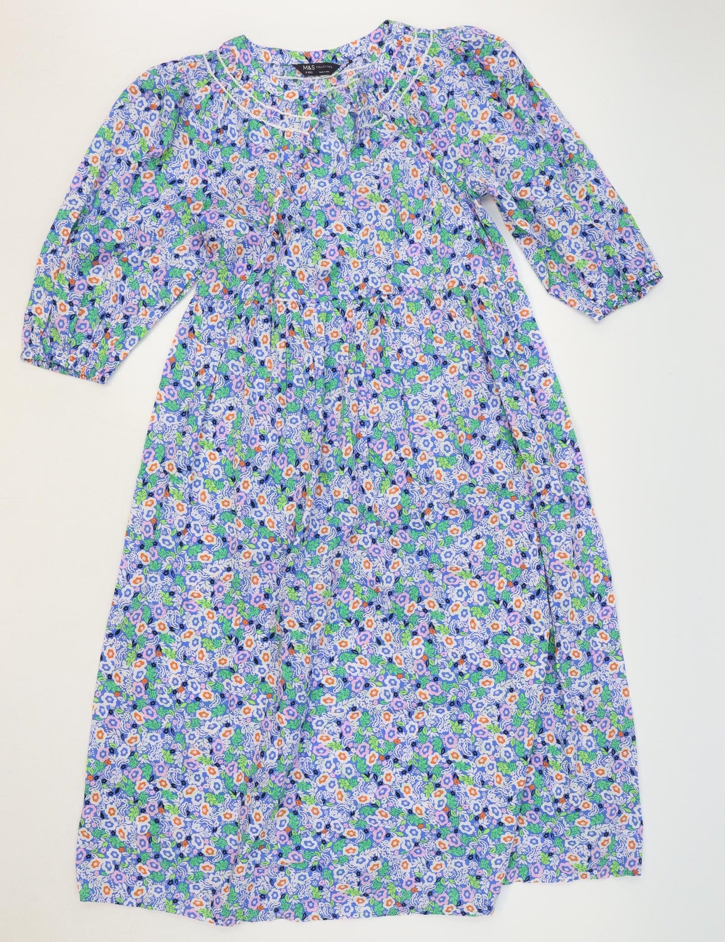Marks and Spencer Womens Blue Floral 100% Cotton Maxi Size 8 V-Neck Pullover