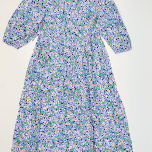 Marks and Spencer Womens Blue Floral 100% Cotton Maxi Size 8 V-Neck Pullover