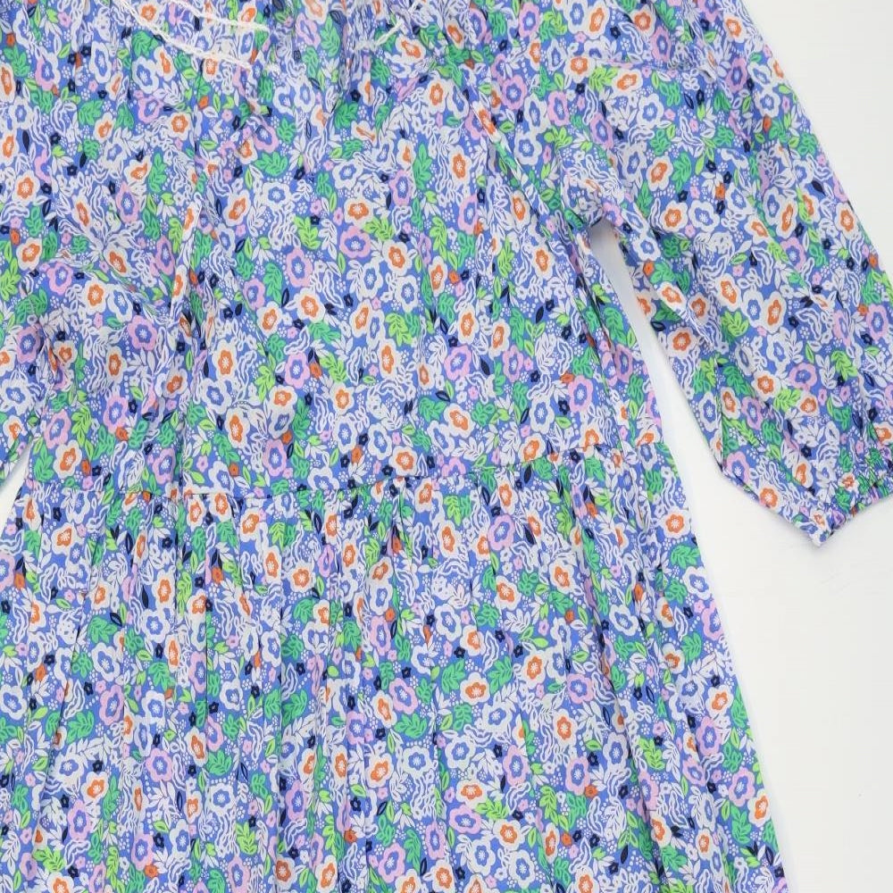 Marks and Spencer Womens Blue Floral 100% Cotton Maxi Size 8 V-Neck Pullover