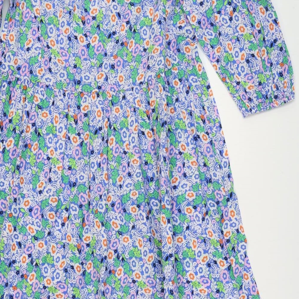 Marks and Spencer Womens Blue Floral 100% Cotton Maxi Size 8 V-Neck Pullover