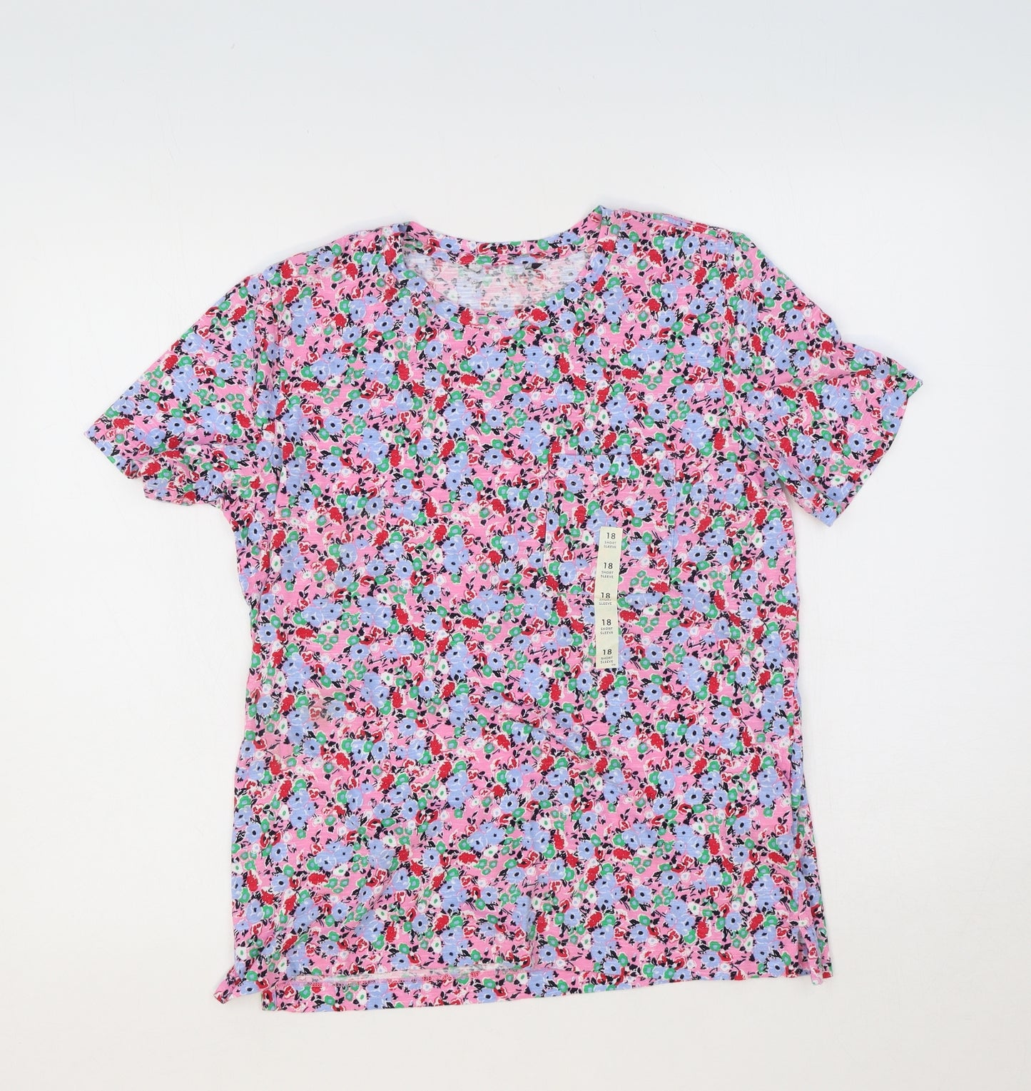Marks and Spencer Womens Pink Geometric 100% Cotton Basic T-Shirt Size 18 Round Neck