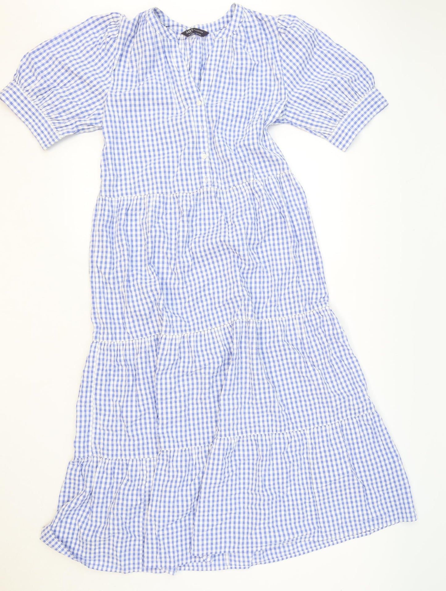 Marks and Spencer Womens Blue Gingham Cotton Trapeze & Swing Size 10 V-Neck Button
