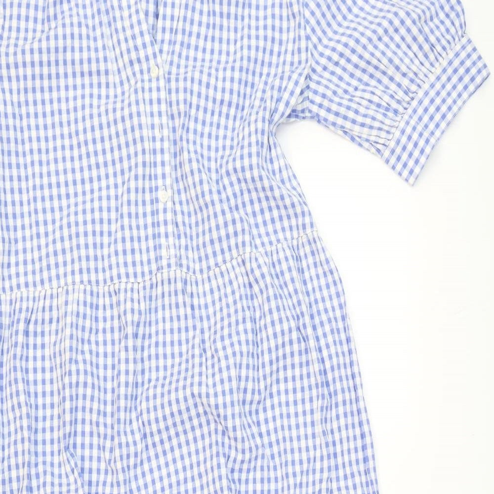 Marks and Spencer Womens Blue Gingham Cotton Trapeze & Swing Size 10 V-Neck Button