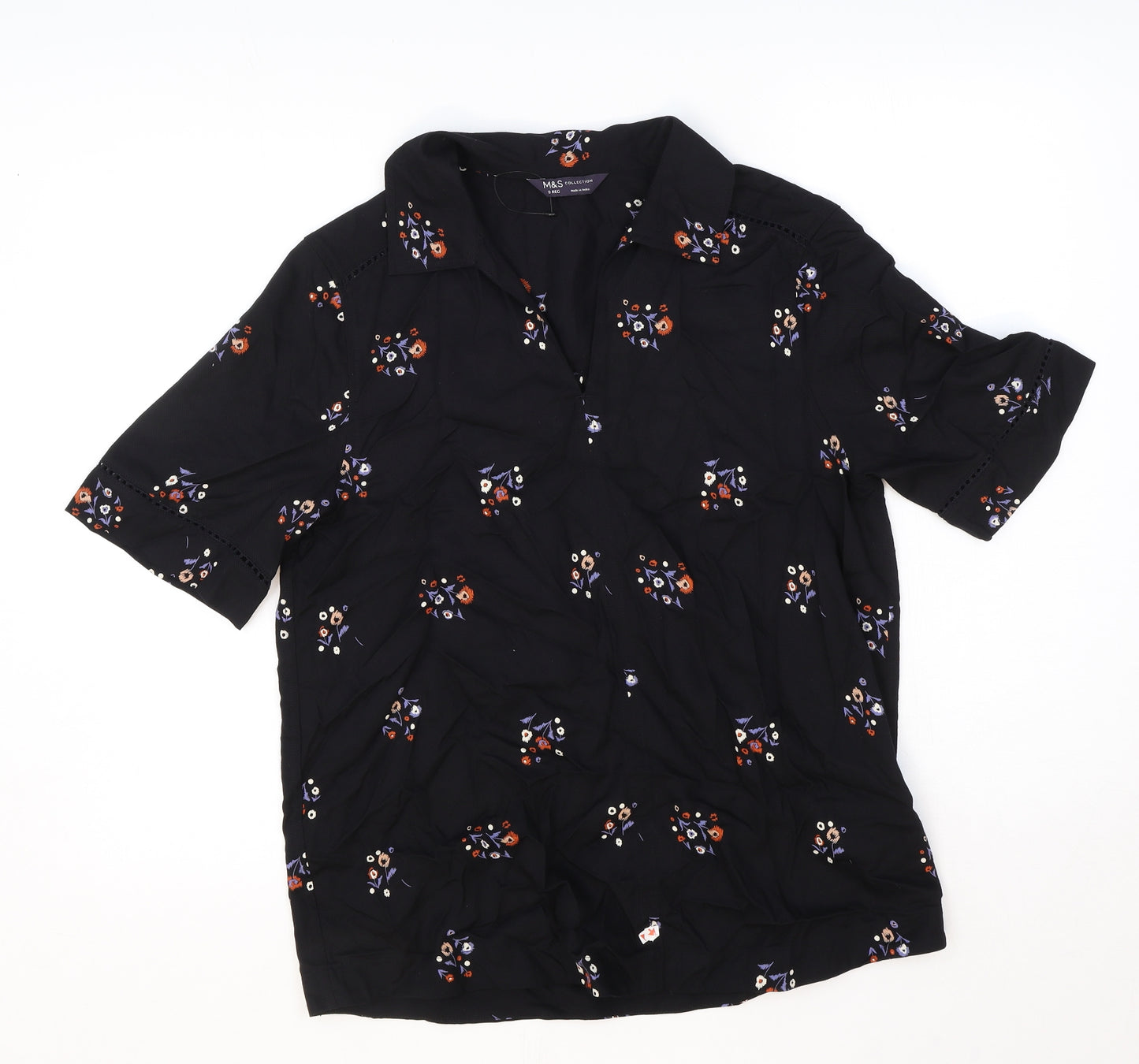 Marks and Spencer Womens Black Geometric Viscose Basic Blouse Size 8 V-Neck