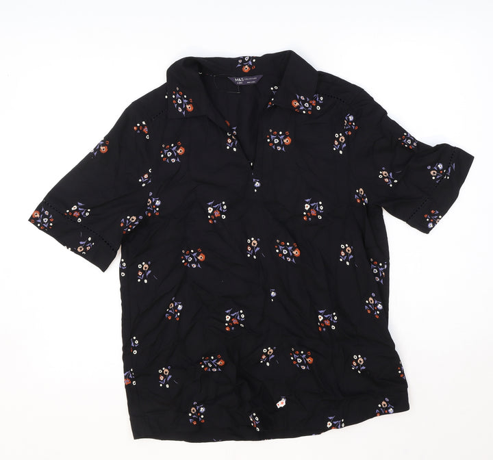 Marks and Spencer Womens Black Geometric Viscose Basic Blouse Size 8 V-Neck