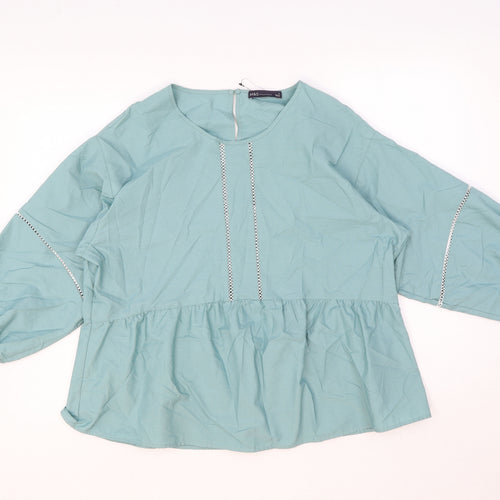 Marks and Spencer Womens Green Cotton Basic Blouse Size 12 Round Neck