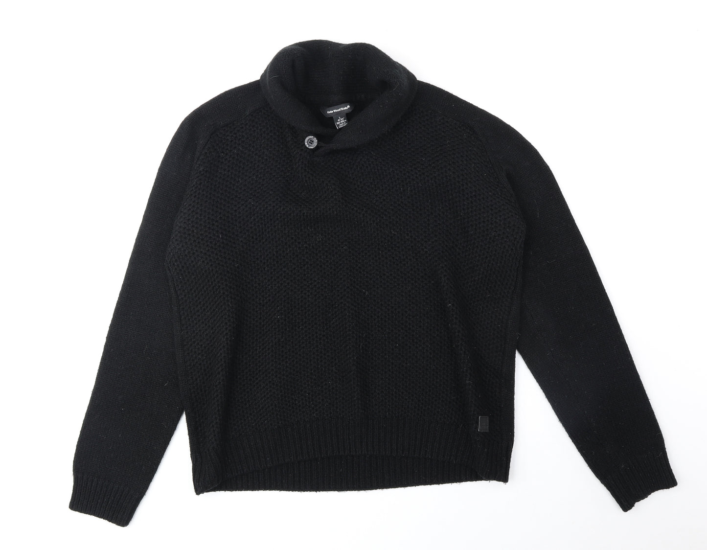 Cedar Wood State Mens Black V-Neck Acrylic Henley Jumper Size L Long Sleeve