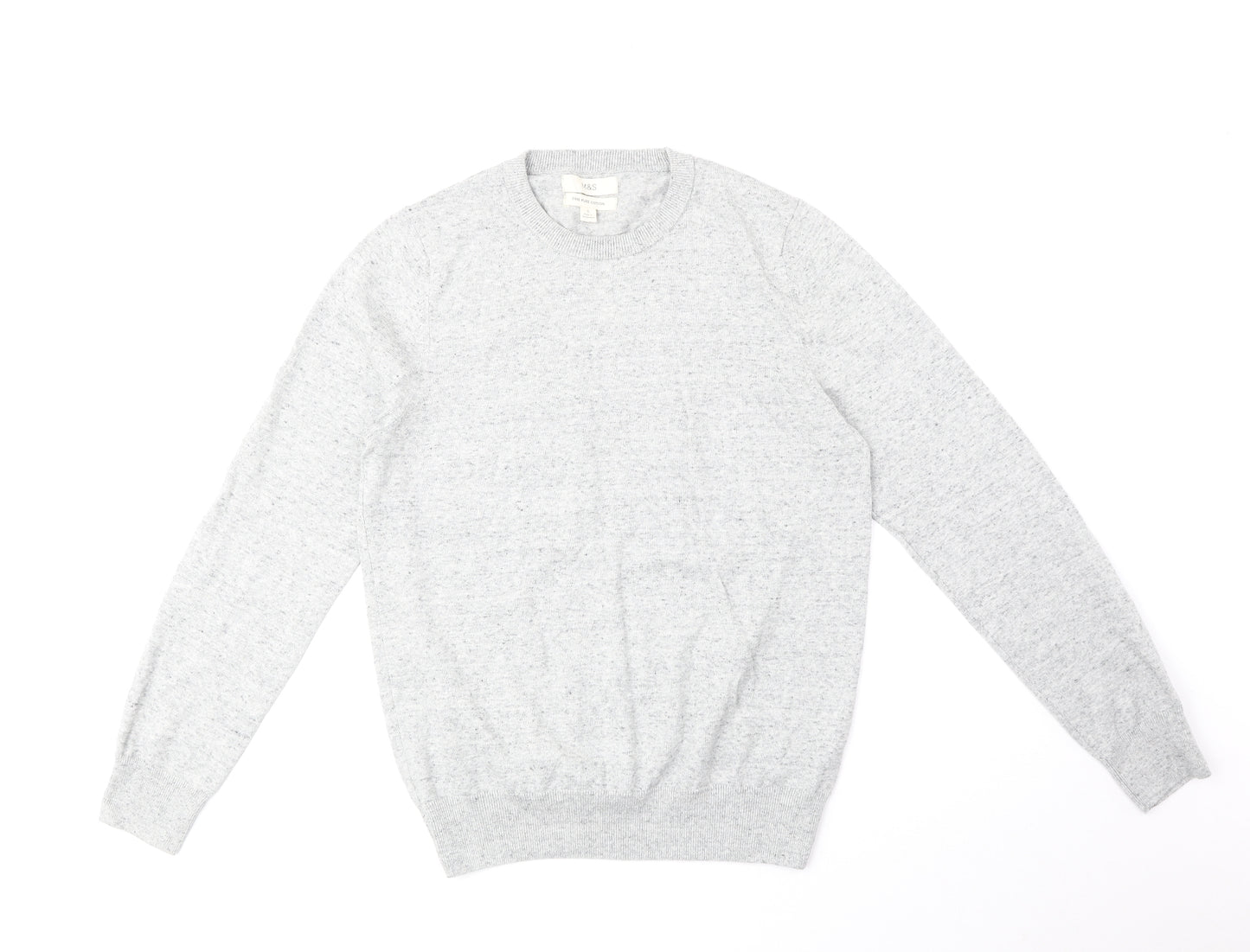 Marks and Spencer Mens Grey Round Neck Cotton Pullover Jumper Size S Long Sleeve